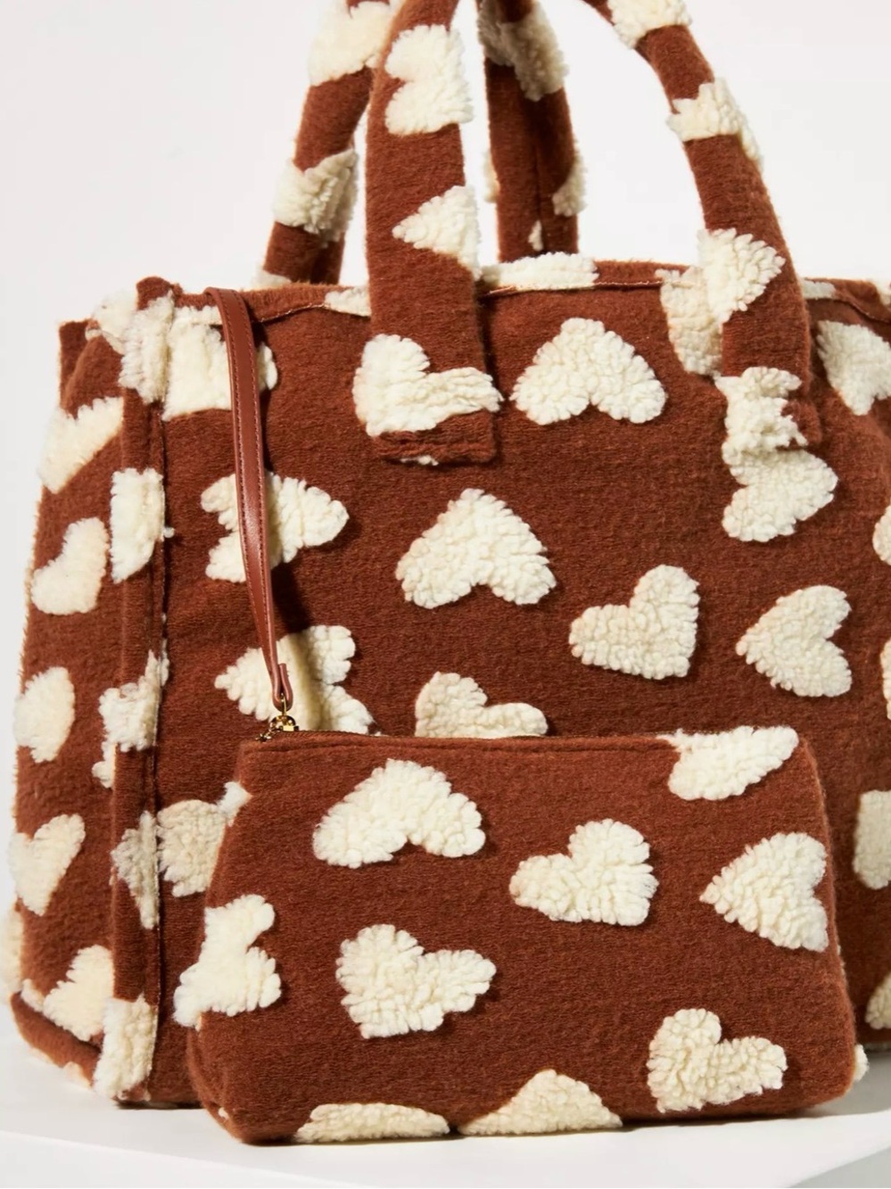 ANTHROPOLOGIE HEARTS FAUX FUR TOTE BROWN AND CREAM